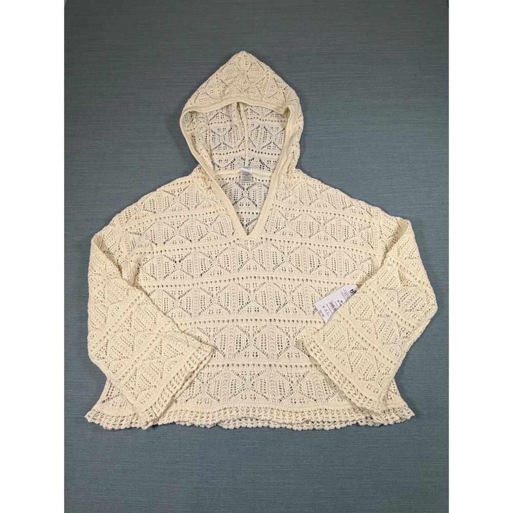 Time and‎ Tru Women Cream Crochet Hooded Sweater Open Knit Boho Pullover Medium